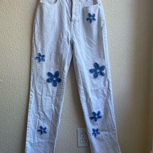 PacSun White Jeans with Blue Floral Embroidery